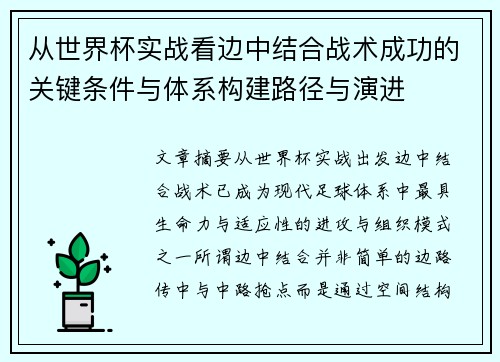 从世界杯实战看边中结合战术成功的关键条件与体系构建路径与演进